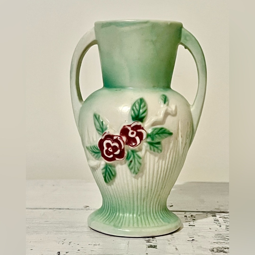 Vintage Weller Hull Roseville Pottery Green Matte Rose Vase Double Handles Mini
